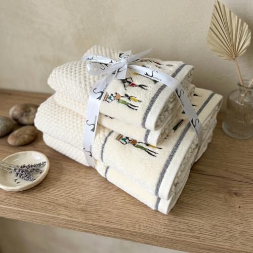 Image of SENSES By Riba Cotton Embroidered Towel Set, 550 GSM Soft & Absorbent, Antimicrobial, Oeko-Tex Certified | Ideal for Home & Gifting, Pack of 4 (2 Bath 27 inchX50 inch + 2 Hand Towels 16 inchX26 inch) - Style 9