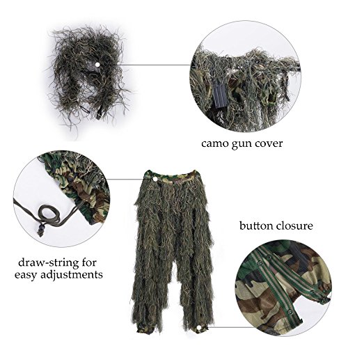 Pinty Ghillie Suit 3D 4-Piece with Bag Camouflage Camo Tactical Hunting Forest Woodland Dark Green ML