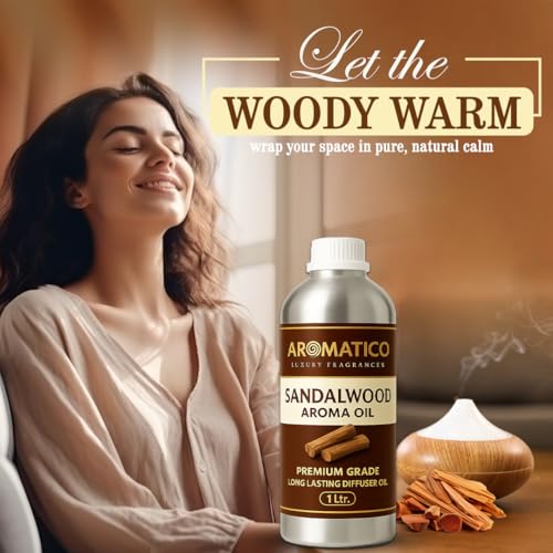 Image of AROMATICO Sandalwood Diffuser Oil with Strong, Long-Lasting Aroma. Woody, Spiritual Aroma Oil for Homes, Offices & Showrooms. Aromatherapy, Diffusers, Air Purifiers, Vaporizers - 1 Litre (1000 ml)