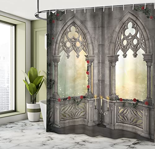 ABAKUHAUS Gothic Shower Curtain, Vintage Style Ottoman Palace Balcony for Sultans Red Rose Flowers Ivy Terrace Image - Image 4