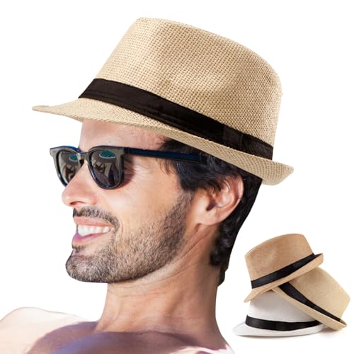 Image of LADYBRO 7 1 /4 Straw Fedora Hats for Men Summer Short Brim Trilby for Travel (Pack of 3, M /L)