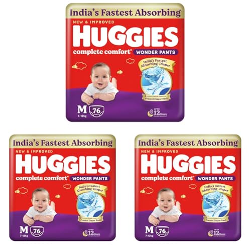 Image of Huggies Complete Comfort Wonder Pants | Pant Style Baby Diapers Medium Size (M), 76 Count | India's Fastest Absorbing Diaper, Prevents Diaper Rash, Ideal for 7 to 12 Kgs (Pack of 3)