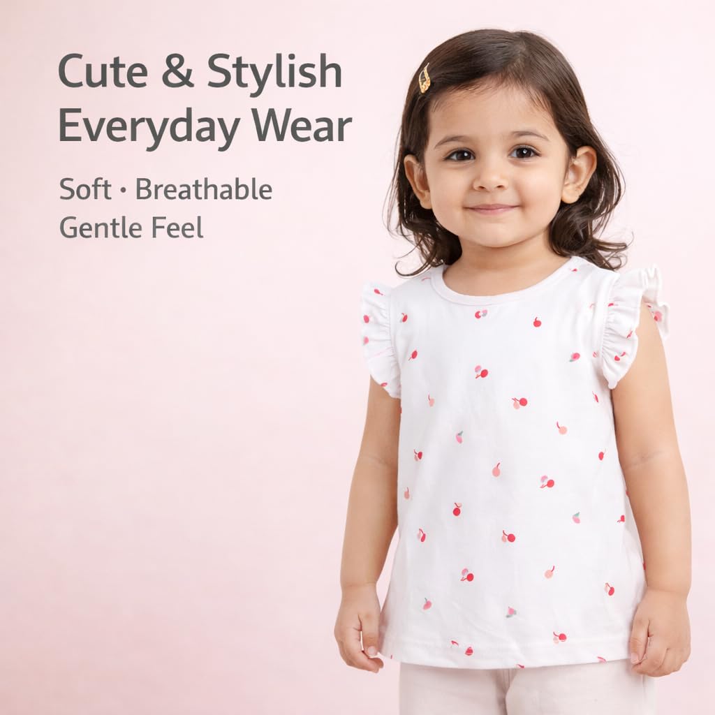 blumbuds Girls 100% Cotton Interlock| Cherry Print Flutter Sleeve Top | Soft Comfortable Fit (5 Years) 2