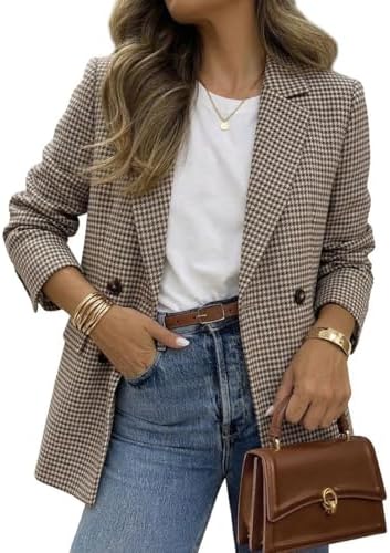 ELLEVEN Women's Oversized Boyfriend Blazer, Plaid Tweed Jacket Fu...