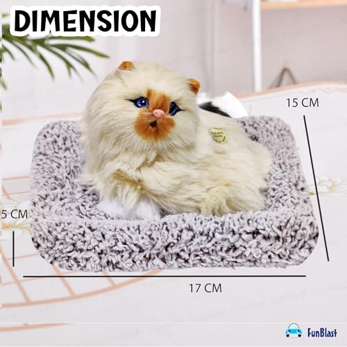 Image of FunBlast Cute Cat Plush Toy with Meow Sound, Toy Accessories for Car Dashboard & Home Decor, Realistic Cat Pet Toys with Bed, Gift for Kids (Brown-Random)