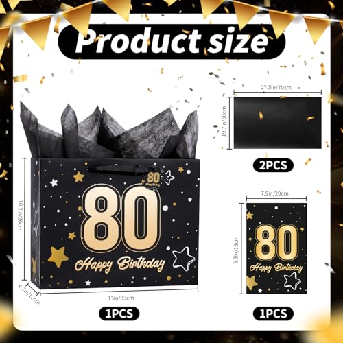 Image of Powbrace 13 inch Black 80th Birthday Gift Bag with Tissue Paper and Greeting Card for Party,Happy Birthday Gift Bag for Men Women,Gift Bags Medium size(1 Black 80th)