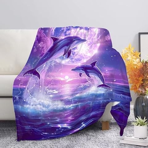 Suhoaziia Warm Purple Sea Dolphins Fleece Blanket Cover