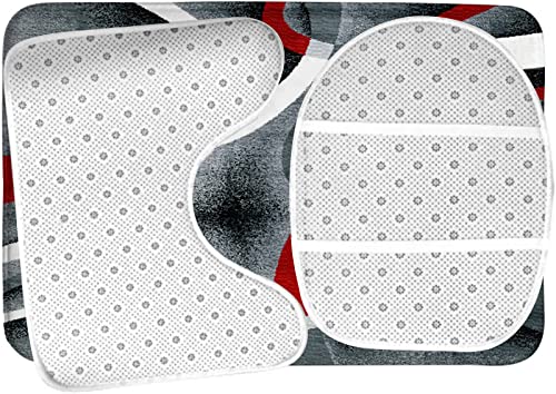 Badezimmerteppich-Set, 3-teilig, grau, schwarz, rot, weiße Wirbel, waschbare Badeteppiche, rutschfest, mit Rückenpolster, Konturteppich und Toilettendeckelbezug – Bild 6