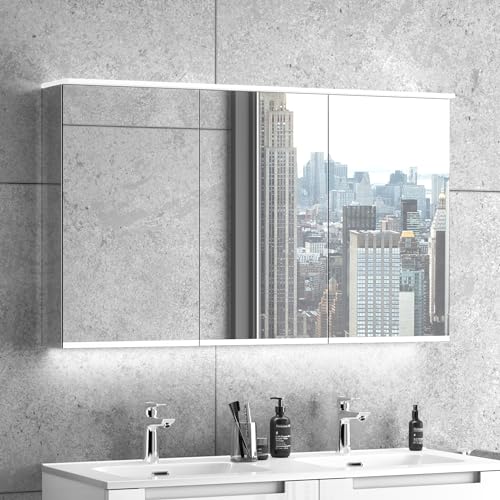 Zentrobad Spiegelschrank 120 cm mit DREI Türen, LED-Beleuchtung, dimmbar, mit Waschplatz-Beleuchtung, Schrank, Badezimmerschrank, Wandschrank, Badschrank mit Licht, Alibert