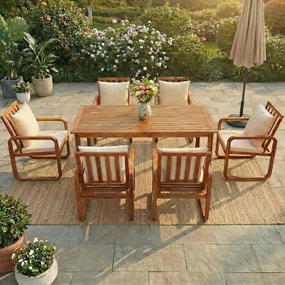 Fiorune 7-Piece Outdoor Acacia Wood Dining Set, Rustic Patio Dining Table and Chairs with Armrest and Water-Resistant Cushions, Modern Patio Table Set for Backyard Garden Poolside, Gray