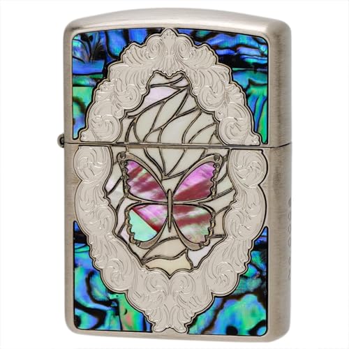 ジッポー(Zippo) オイルライター フリント アーマー バタフライ & ローズ 両面プレート貼り シェルインレイ 両面加工 レッド 蝶 花柄 バラ 特製ステッカー付き Butterfly & Rose RD