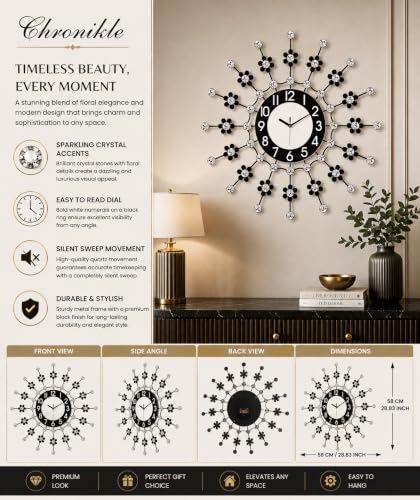 Image of CHRONIKLE Modern Metal Diamond Studded Floral Style Round Analog Wall Clock for Living Room Home Decorations Office Gifts (Size: 58 x 5 x 58 CM | Weight: 1030 Gram | Color: Black)