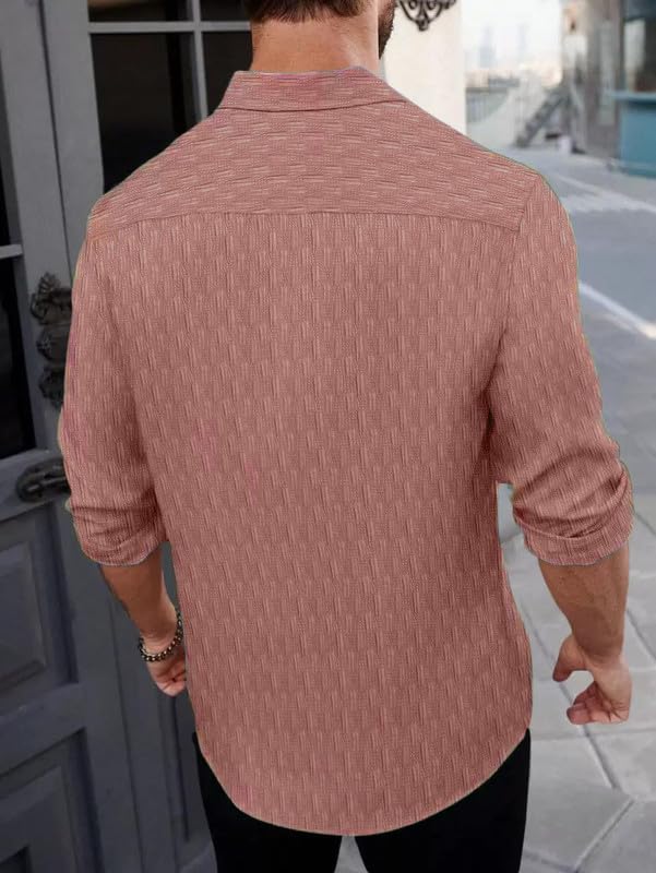 Image of DEELMO Men's Regular Fit Button Down Dress Shirts Textured Long Sleeve Casual Hawaiian Shirt