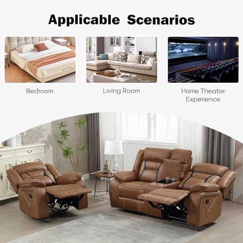 Image of EBELLO Manual Recliner Sofa Set, Faux Leather Reclining Living Room Furniture Set, Included Single Recliner Chair and Manual Loveseat Sofa, Brown