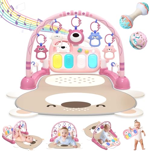 Image of Baby Play Mat Baby Gym for Floor,Kick and Play Piano Mat Gym, Tummy Time Baby Activity Mat with 7 Infant Sensory Baby Toys, Music and Lights Boy & Girl Gifts for Newborn Baby 0 3 6 9 12 Months (Pink)