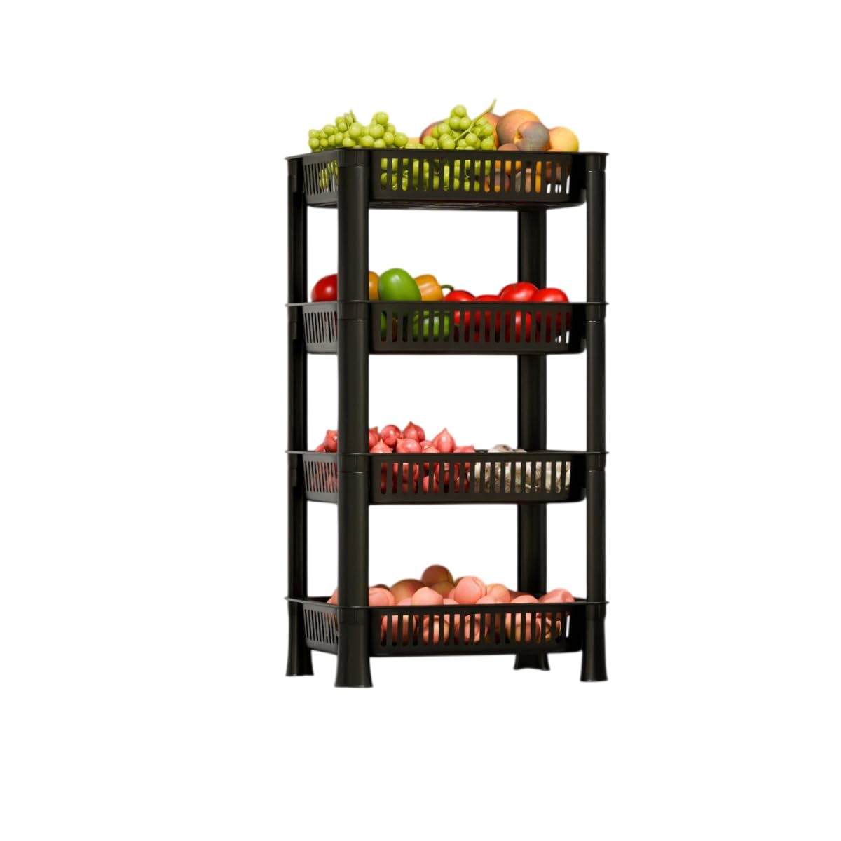 Layer Multipurpose Plastic Kitchen Storage Rack | Vegetable Basket Organizer | Stackable Storage Stand for Home, Pantry, Bathroom, Office – Durable Space-Saving Shelf (Black, 4)-image-2