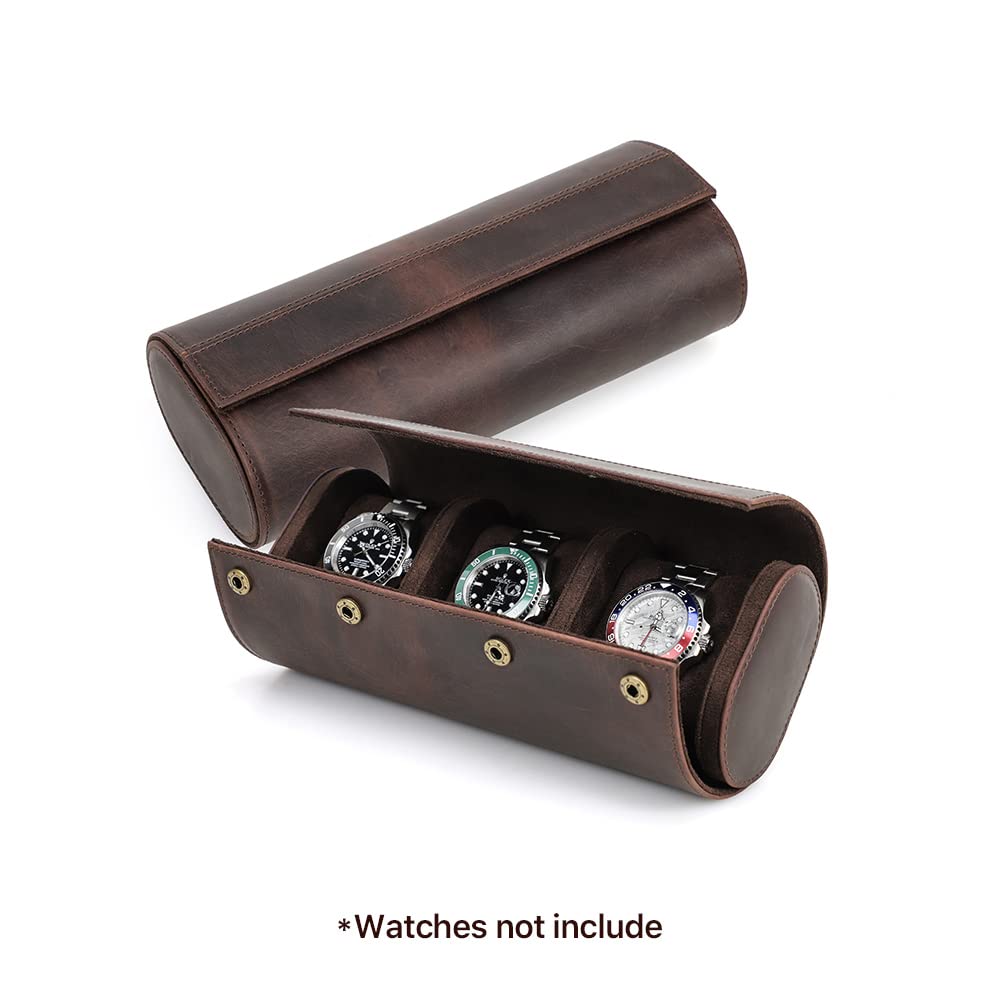Hiram Custodia a rotolo per 3 orologi, realizzata a mano, in vera pelle, custodia per orologi da viaggio con design rimovibile di montaggio