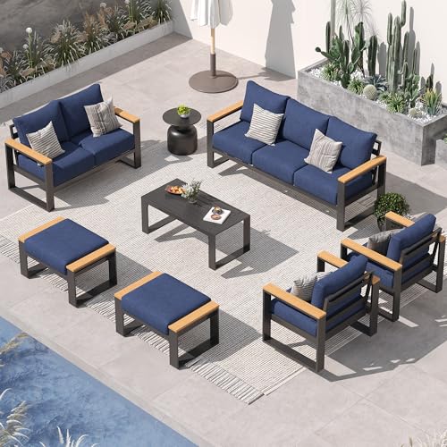 Image of Sundale Outdoor Aluminum Patio Furniture Set, 7 Piece Outdoor Conversation Sets with Coffee Table, Ottoman and Washable Thick Cushions, All Weather Outdoor Sectional Set for Deck, Lawn (Navy Blue)