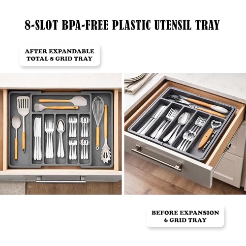 Image of mechdel Drawer Organizer, Expandable BPA Free Utensil Tray for Kitchen, Adjustable Flatware and Cutlery Holder for Spoons Forks Knives, Plastic Kitchen Organizers and Storage (GREY, 8-Slots)