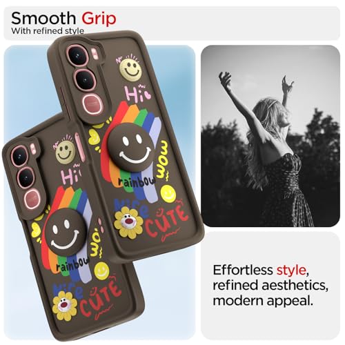 Image of Pikkme Back Cover for Vivo Y31 5G | Soft Silicone| Cute Rainbow Smile & 3D Cartoon Flower Design | Shockproof Raised Camera Protection Bumper Case (Brown)
