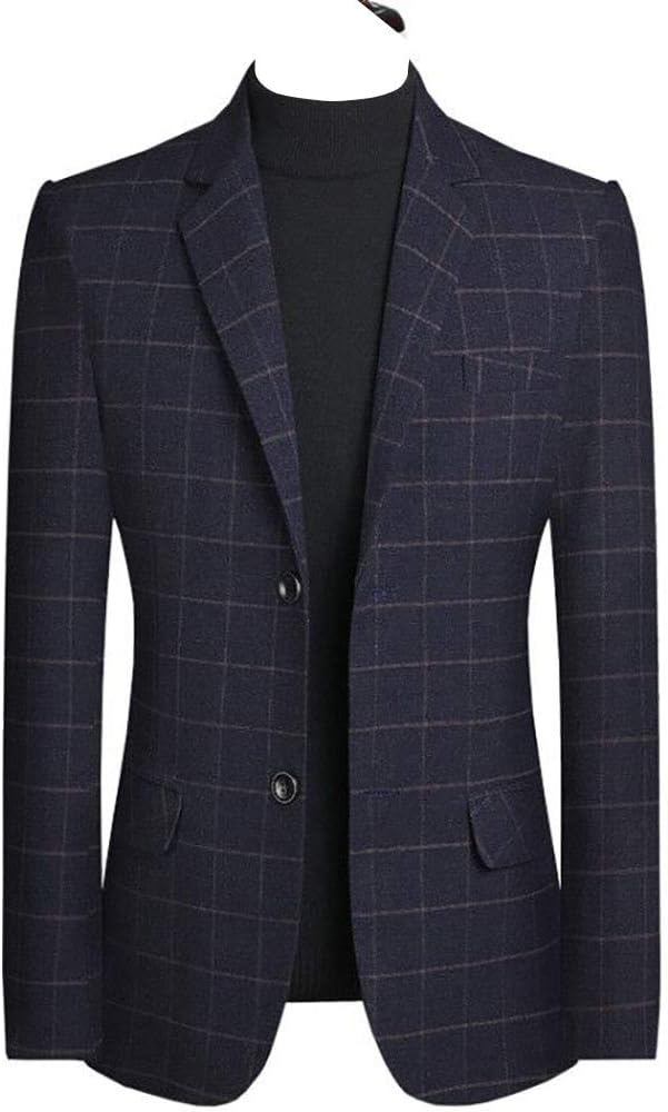 Mens Blue Plaid Tweed Wool 2 Buttons Single Breasted Suit Jacket