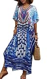 Orshoy Damen Kaftan Sommer Strandkleid Lang Übergröße Strandponcho Tunika Maxi Pareos Lässiges Schwangere Kleider A-Blau