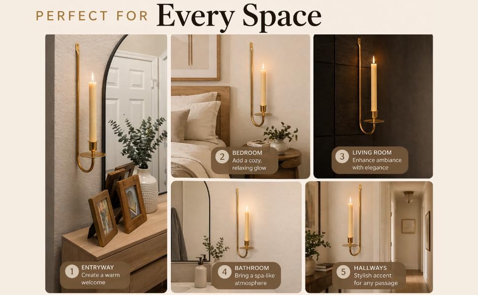 Gold Wall Candle Sconces Set of 2, Metal Wall Candle Holders for Taper Candles, Modern Wall Mounted Candlestick Holders for Living Room, Bedroom, Entryway, Fireplace Decor