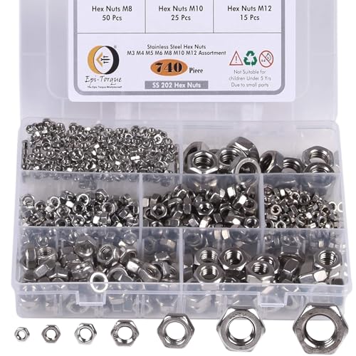 Image of Stainless Steel 202 Grade Hexagonal Nuts 7 Sizes M3, M4, M5, M6, M8, M10, M12 Assortment Pack of 740 Pcs with Storage Box