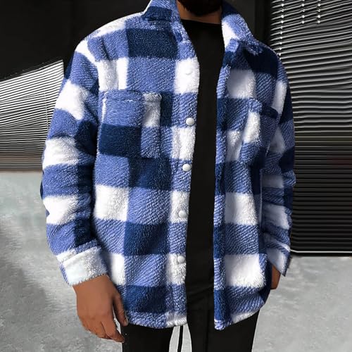Flannel Shirt Jacket Men Plaid Button Down Teddy Winter Coats Lapel Oversized Warm Fuzzy Fleece Outwear with Pockets2