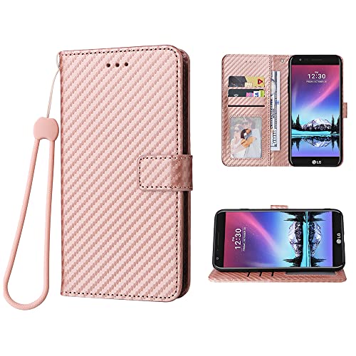 Compatible with LG Aristo 1/Phoenix 3/K8 2017/Risio 2/Rebel 2 LTE Wallet Case Wrist Strap Lanyard and Leather Flip Card Holder Cell Accessories Phone Cover for K4/Fortune/LV3 MS210 Women Men Rose Gold