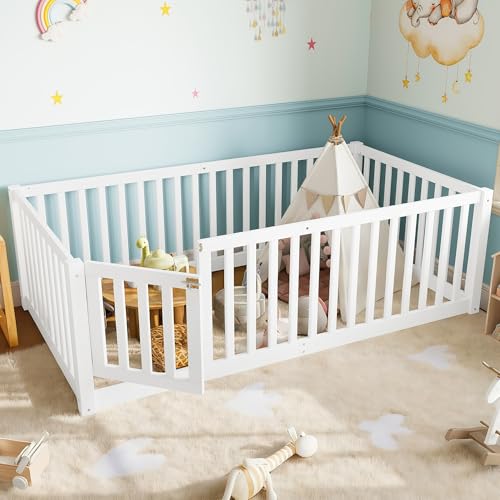 Image of Bellemave Twin Size Kids Montessori Floor Bed with Door,Solid Wood Floor Bed Frame with High Fence for Girls,Boys,White