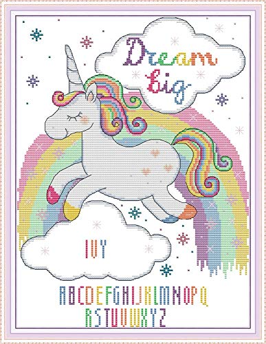 Image of Howie's Needlepoint Cross Stitch Kits, 14CT Pre-Printed Pattern Needlepoint Kits, Full Range of Stamped Starter Kits (Rainbow Unicorn, 11.8 x 15 Inch)
