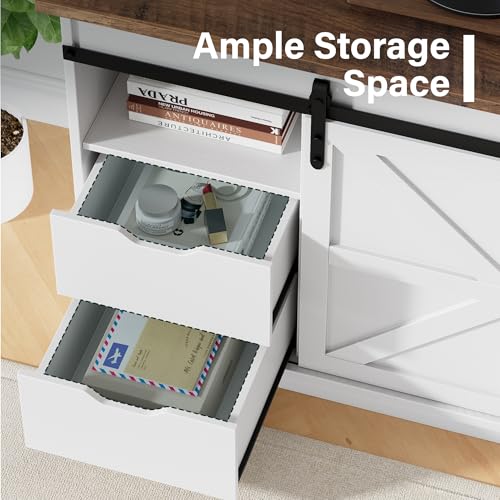 JUMMICO TV Stand with 4 Drawers for 65 Inch TV, Entertainment Center with Storage Cabinets and Sliding Barn Doors, Mid Century Modern Media TV Console Table for Living Room Bedroom (Bright White)