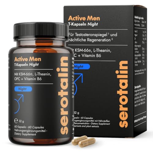 serotalin Active Men T-Kapseln Night | Ashwagandha Kapseln hochdosiert - 500 mg KSM-66 (5% Withanolide) | Magnesium Zink L-Theanin & OPC | Made in Germany | 60 Kapseln