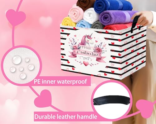 Image of Valentines Day Basket for Kids Heart Shaped Empty Storage Bins for Gifts with Handles Room Decor (Black Dash Love Unicorn)