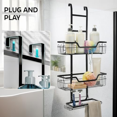 Image of MIORAH Hanging Shower Caddy for Bathroom Aluminium| Bathroom Organiser Without Drill | Bathroom Accessories Storage Organizer Black
