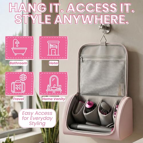 Image of OCEANEVO Travel Pouch for Airwrap Styler WITH Makeup Sponge, Storage Organiser Bag for Airwrap Attachments with Hanging Hook (Bag Only) - 31 x 14 x 16 Cm - Pink - 1 Year Warranty