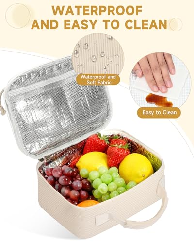 Neverwhy Lunch Box for Women Cute Corduroy Insulated Lunch Bag for Kids Stylish Reusable Lunchbox Large Capacity Snack Bag Cooler for Work, School, Travel, Picnic, Beige — view 5