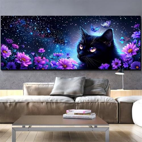 Peinture diamant point de croix kit complet de 50x100cm modèle chat et fleurs