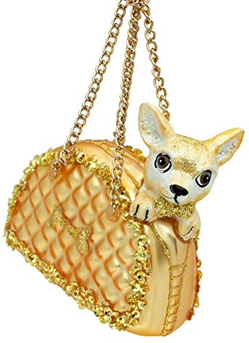 SIKORA Chihuahua in der Handtasche besondere Weihnachtskugel Glas Christbaumschmuck Deko Figur Weihnachten Anhänger Ornament - Trend Line - BS487