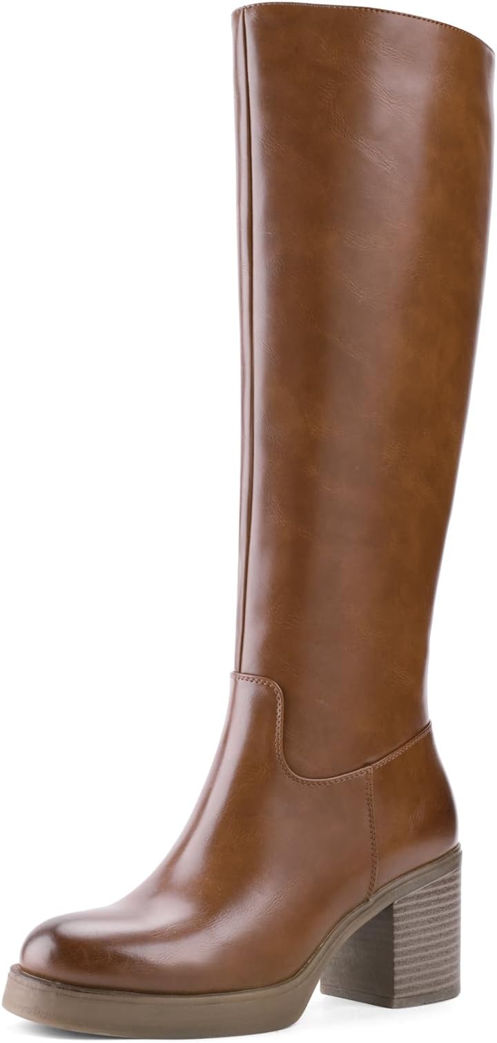 Shoe'N TalePlatform Knee High Boots for Women Block Chunky Heel Round Toe Side Zipper Tall Boots