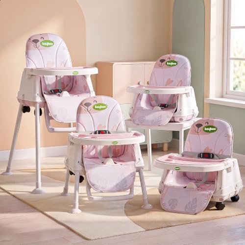 Image of Baybee 4 in 1 Convertible High Chair for Kids | Foldable Baby Feeding Chair with Safety Harness, Adjustable Tray, Booster Seat | Easy to Clean, Portable Dining Chair (Lite Pink)