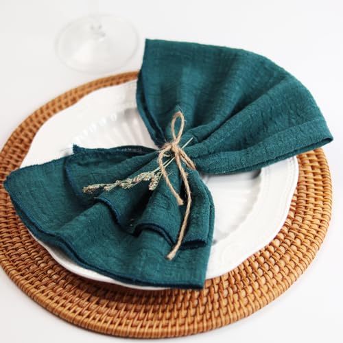 Dololoo Handmade Gauze Napkins 16.5x16.5 Inches 100% Cotton Cloth Napkins, Set of 4 Versatile Handmade Square Rustic Fringe Napkins for Dinner, Wedding and Parties, Peacock Green