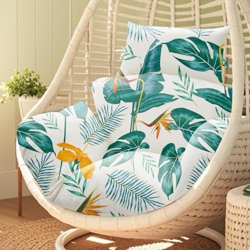 joomie Waterproof Egg Chair Cushion Replacement 119x79x13 cm Thicken Hanging Egg Swing Chair Cushion Indoor Outdoor Wicker Rattan Hammock Basket Cushion with Headrest Pillow, Yellow-Green Leaf