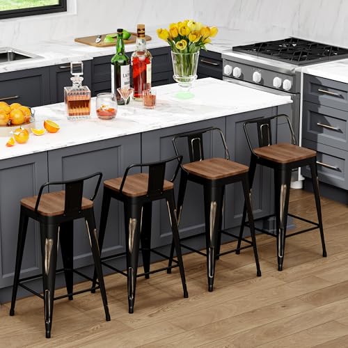 Image of WENTMENT Bar Stools Set of 4 Counter Height Bar Stools Metal Barstools with Removable Back 26 inch Kitchen Bar Stools with Wooden Seat, Distressed Black