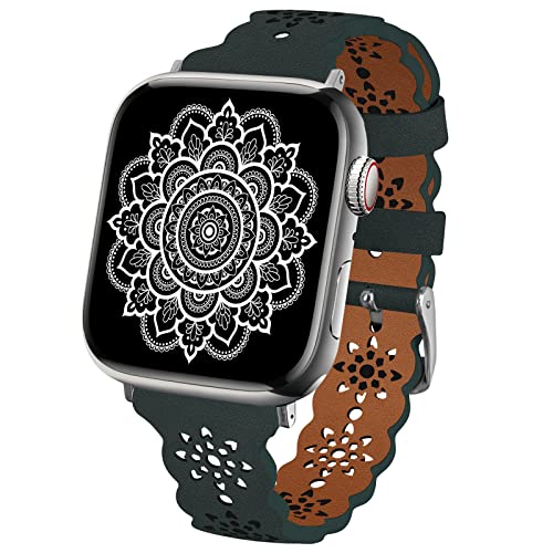 TopPerfekt Lace Leather strap Compatible Apple Watch 42mm 44mm 45mm 49mm Women Ultra Thin hollow out Breathable Leather strap Classic Clasp for iWatch Collection Ultra SE 8 7 6 5 4 3 2 1 Pine Green