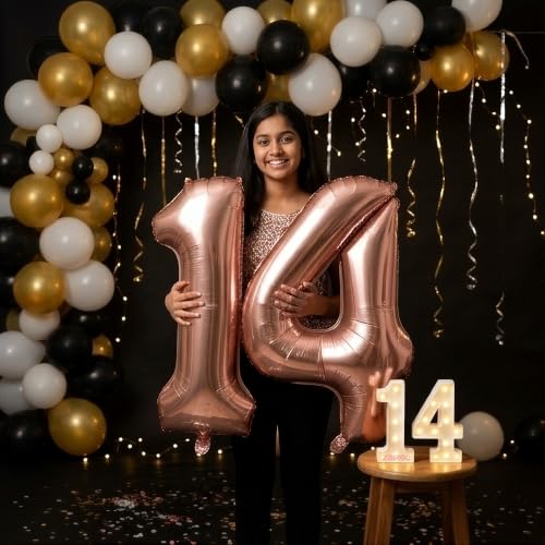 Image of Balloonistics Rose Gold 40-Inch Foil Number 14 Balloon with Matching LED Marquee Light - Combo Set for 14th Birthday, Anniversary, Party Decoration, Photo Booth Backdrop