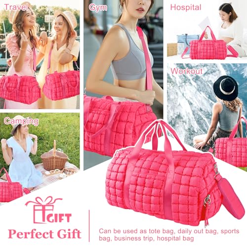 Image of Quilted Travel Duffle Bag Gym Bag for Women,Large Puffer Duffle Weekender Bag with Compartment,Workout Overnight Carry on Organizer Bag Duffle Bag for Airplane Travel(L-Rosered)