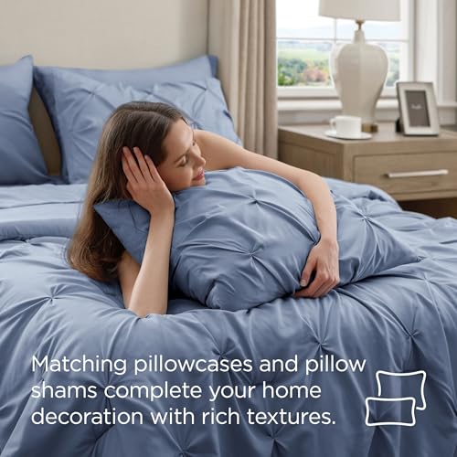 Image of Bedsure Twin Comforter Set Slate Blue - Bed in a Bag Twin Size Bedding 5 Pieces, GentleSoft Pintuck Bed Set Gift for Family, All Season Down Alternative Comforter with Sheets, Pillowcase & Sham