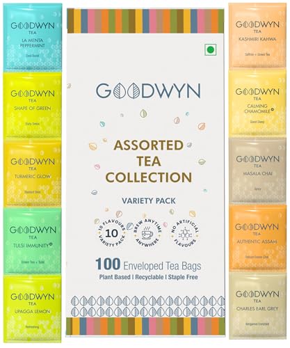 Image of Goodwyn Assorted Herbal Tea Sampler Gift Box (100 Tea Bags) - 10 Flavors x 10 Each | Tulsi, Kahwa, Turmeric, Assam, Green, Lemon, Earl Grey, Masala, Chamomile, Peppermint | Low to No Caffeine